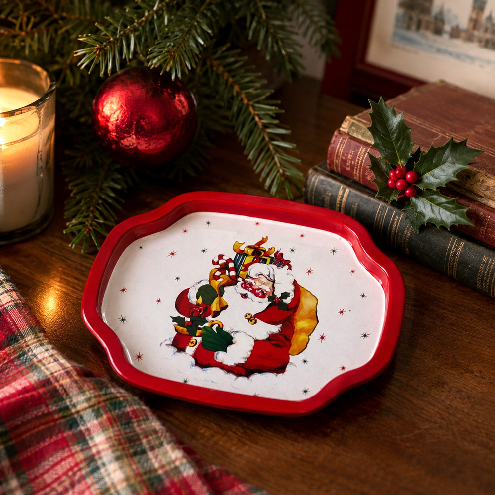 Vintage Christmas Tray Santa with Gift Bags 7.5" Wide Metal Tin Hong Kong